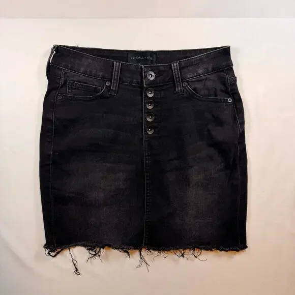 Kendall + Kylie High Rise Button Fly Black Denim Mini Skirt Size 3/26 - Picture 1 of 7
